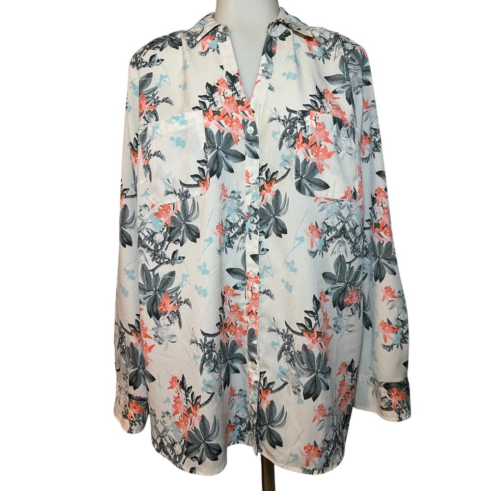 Talbots Nantucket Women’s Floral Shirt Button Roll Tab Sleeve Size XL Tropical